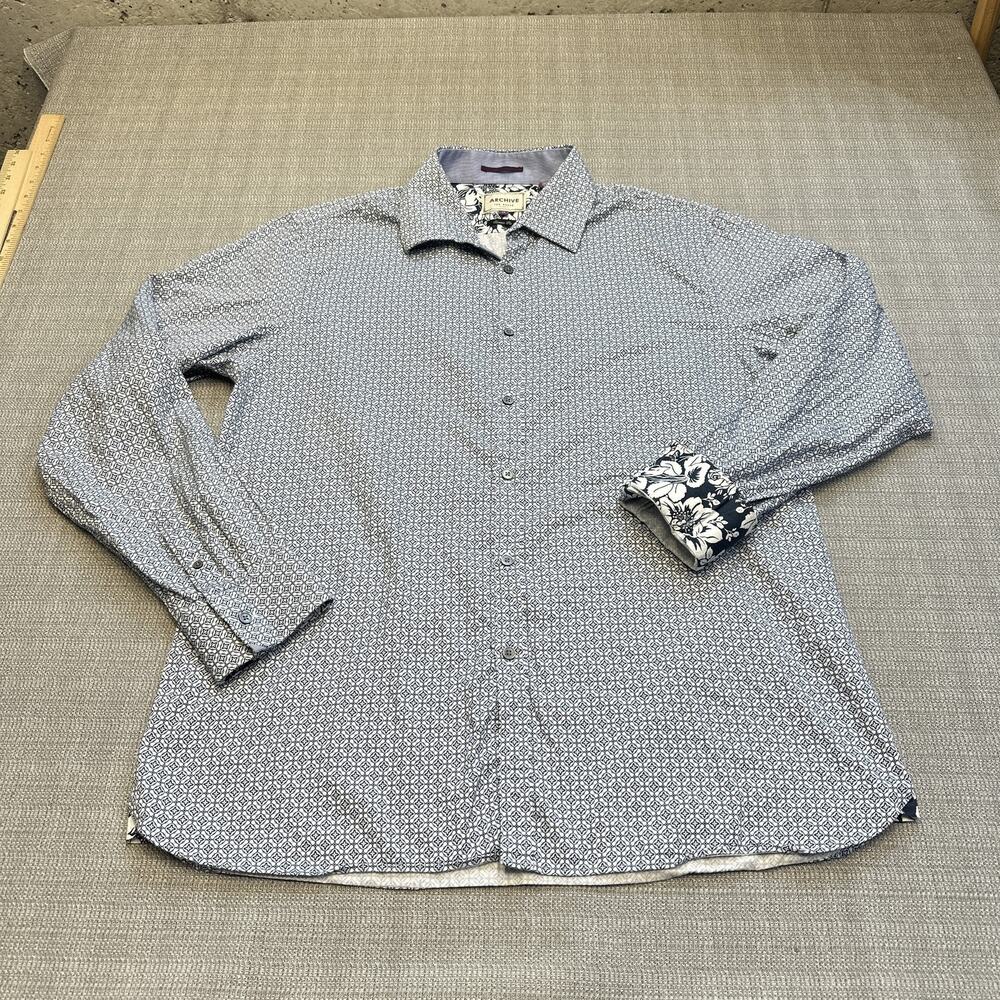 Ted Baker Archive Shirt Mens 17 XL Blue White Classic Fit Floral‎ Flip Cuff